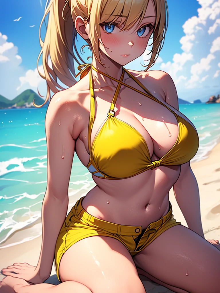 (highest quality, High resolution, perfect pixel, Depth of bounds written, 4K), (from front), beach, detailed eyes, (1 lady), tall, (skinny body:1.2) , (thin thighs:1.2), (Narrow hips:1.2), large , blond hair, (ponytail:1.2), (yellow Short pants bikini:1.2), (unbutton:1.3), (cross halter bikini), (rio cut pants), (panty s1.3), (denim short panty pull),eling pose), (armpit:1.3), (clear face), sweat,