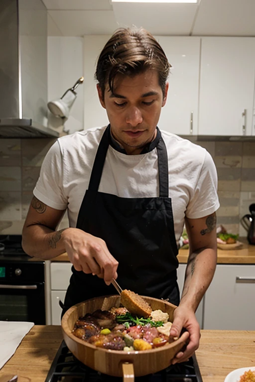 Un cocinero hombre con una bandeja con comida 