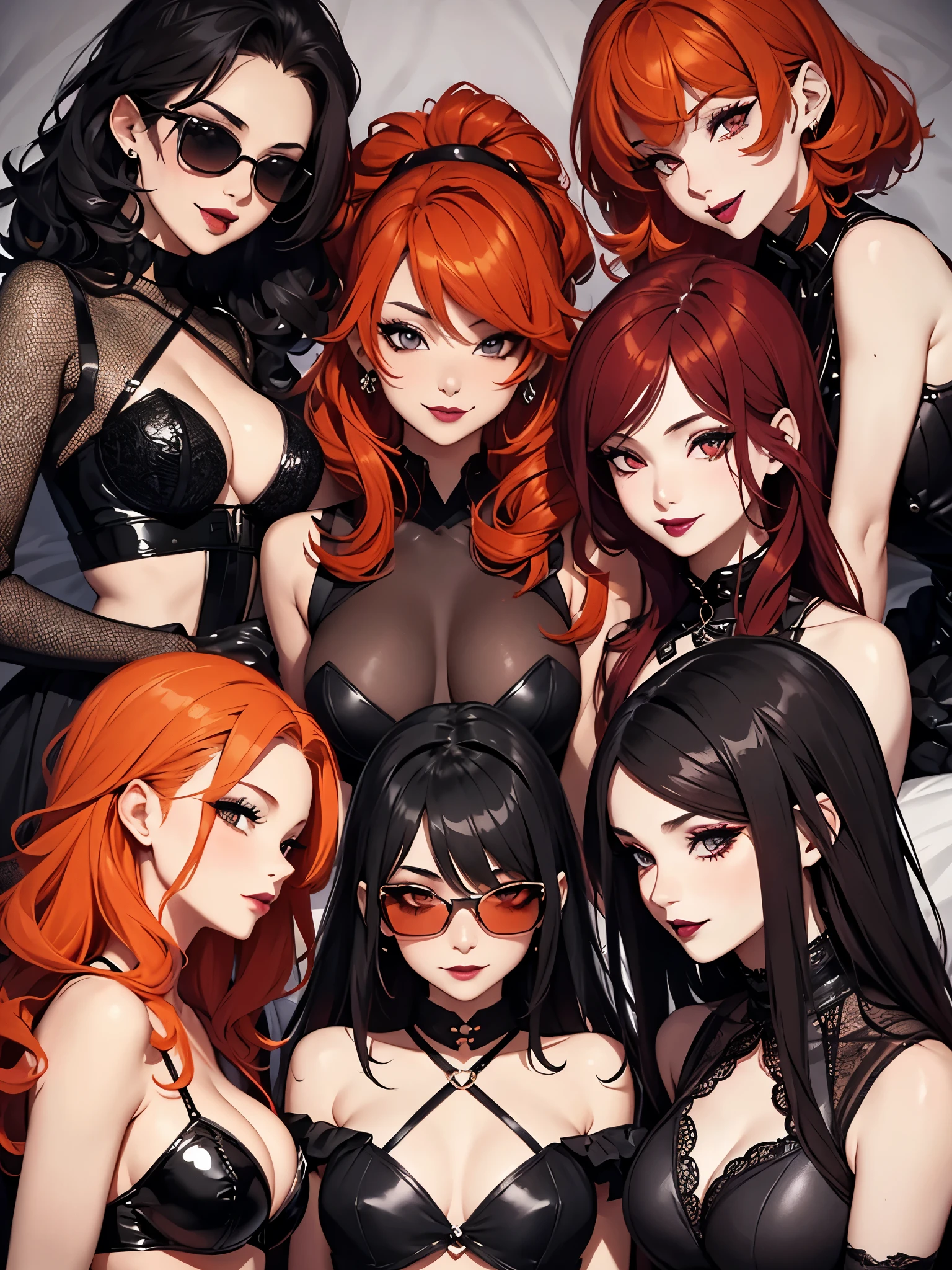 five sexy women in goth outfits, flirtatious smiles, on bed, flirtatious smiles, close up faces portrait, sunglasses, black lipstick, short curly auburn, orange and red hair