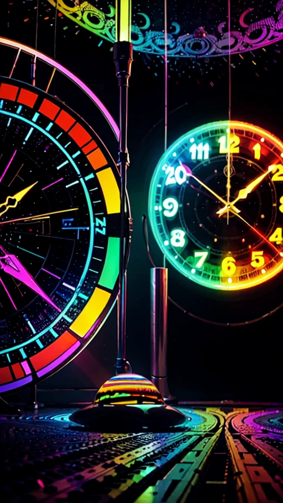 Create a psychedelic image, with vibrant colors. Place images related to clocks and aliens