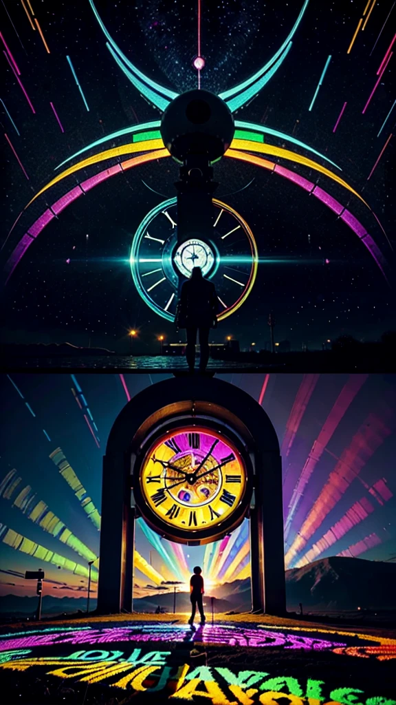 Create a psychedelic image, with vibrant colors. Place images related to clocks and aliens