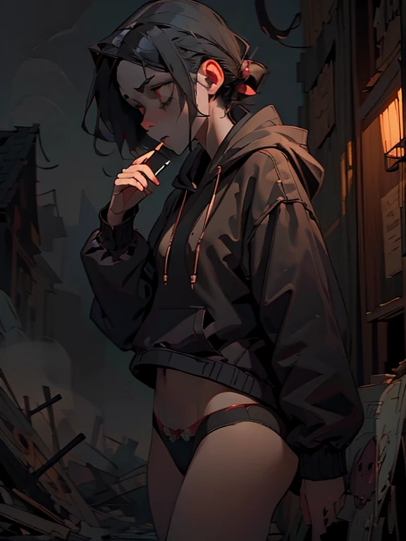horror elements, girl smoking a cigarette, hoodie, panties (best quality, highres), dark atmosphere, eerie lighting, mysterious shadows, atmospheric fog, abandoned setting, intense emotions, disturbing details, haunting expression