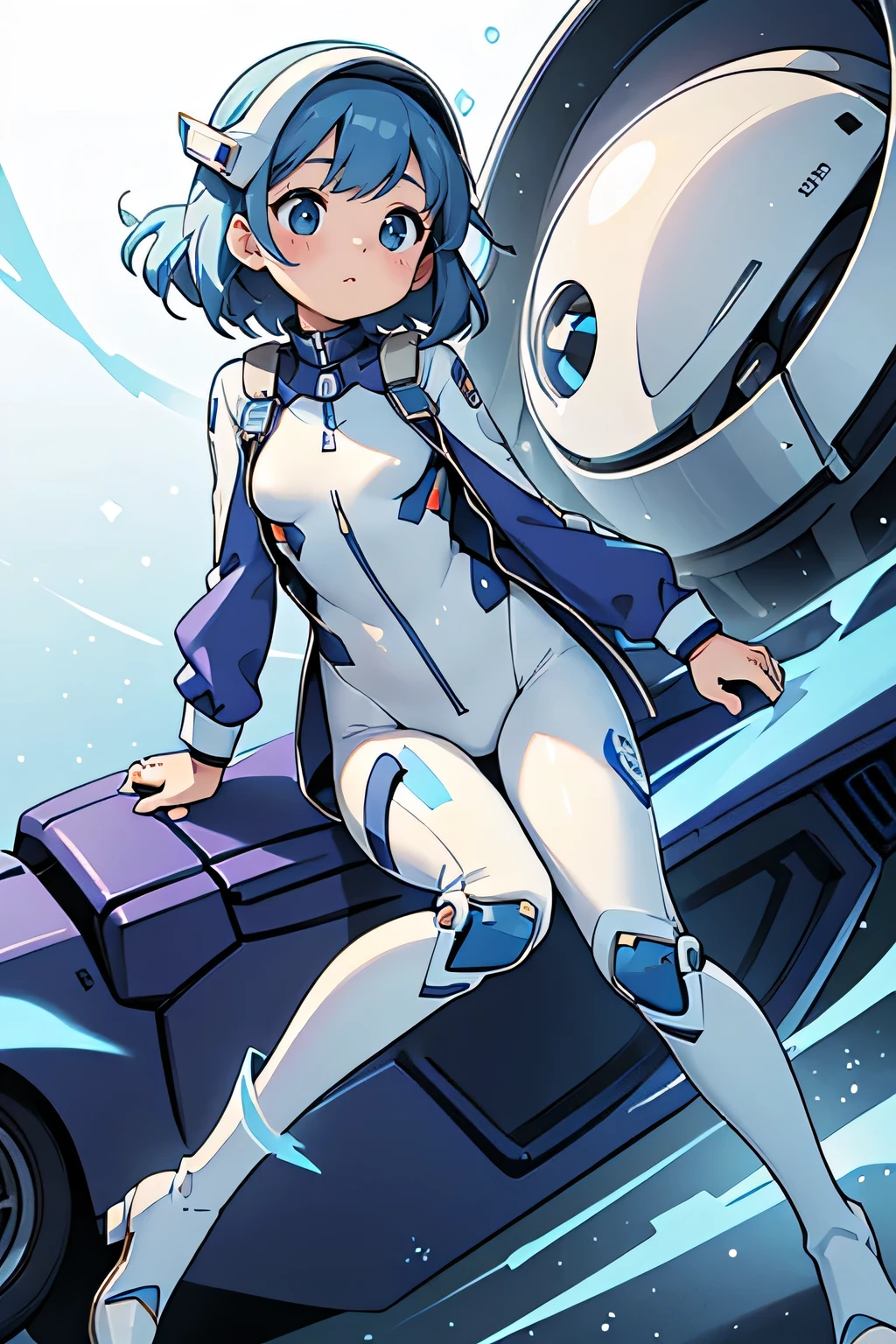 (masterpiece, highest quality, Highest Resolution, clear_image, Detailed explanation): (alone, Lonely Girl, The Face of Japan, Blue Hair Girl, Shortcuts, Full body portrait, Small breasts, Sparkling blue eyes, Metallic white and blue pilot suit, Tight fitting clothes, Clothing that covers the entire body, beauty, The body is slim, Exoskeleton, Sexy pose, heroine, Full Face Helmets, Knee Boots)