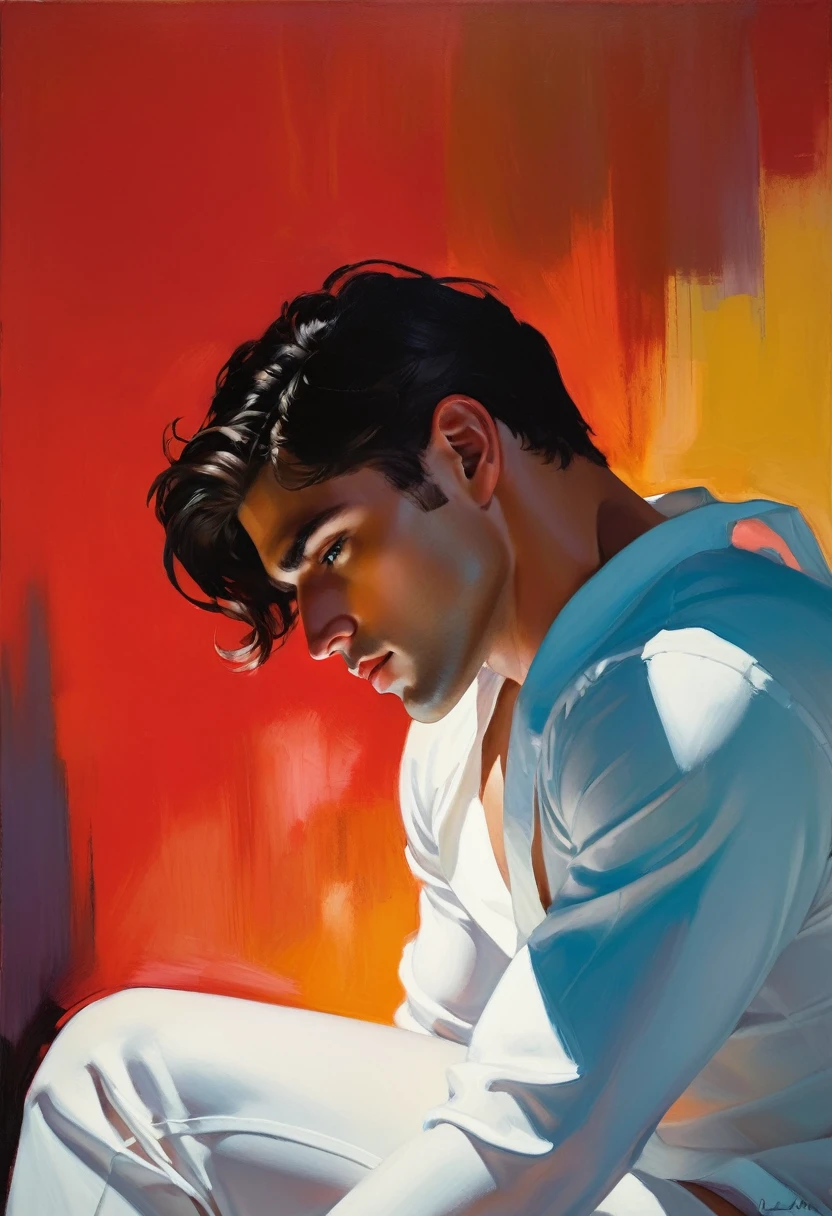 chiaroscuro technique on sensual illustration of an arafed man in white underwear, sexy masculine, diego fazio, male model, by Ludovit Fulla, model with attractive body, inspired by Ludovit Fulla, mid-shot of a hunky, the model draped in flowing, thick oil painting by Harumi Hironaka, extremely soft colors, vibrant, highly detailed, malcolm liepke painting, oil on canvas, high contrast, dramatic, refined, tonal, The strategic use of contrasting colors to highlight and define the subject’s features, creating a striking visual impact.