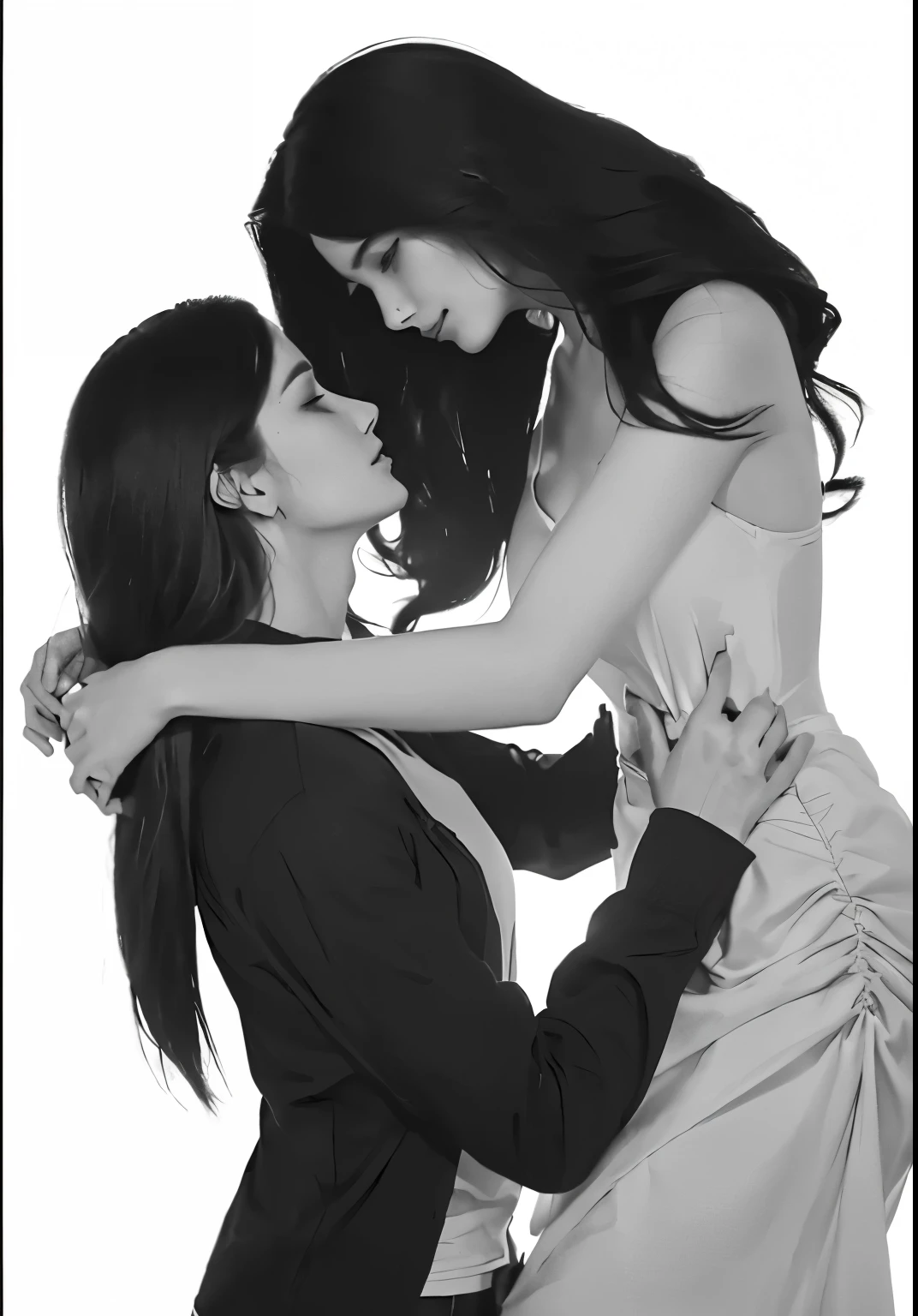 Drawing of a woman hugging a man in black and white., Charlie Bowater and R.Jem, Lesbian Art, in Charlie Bowater style, Edmund Blair และ Charlie Bowater, Inspired by Charlie Bowater, Lesbian embrace, Charlie Bowater style, Reylo kisses, Charlie Bowater และ Tom Bagshaw, Charlie Bowater art style