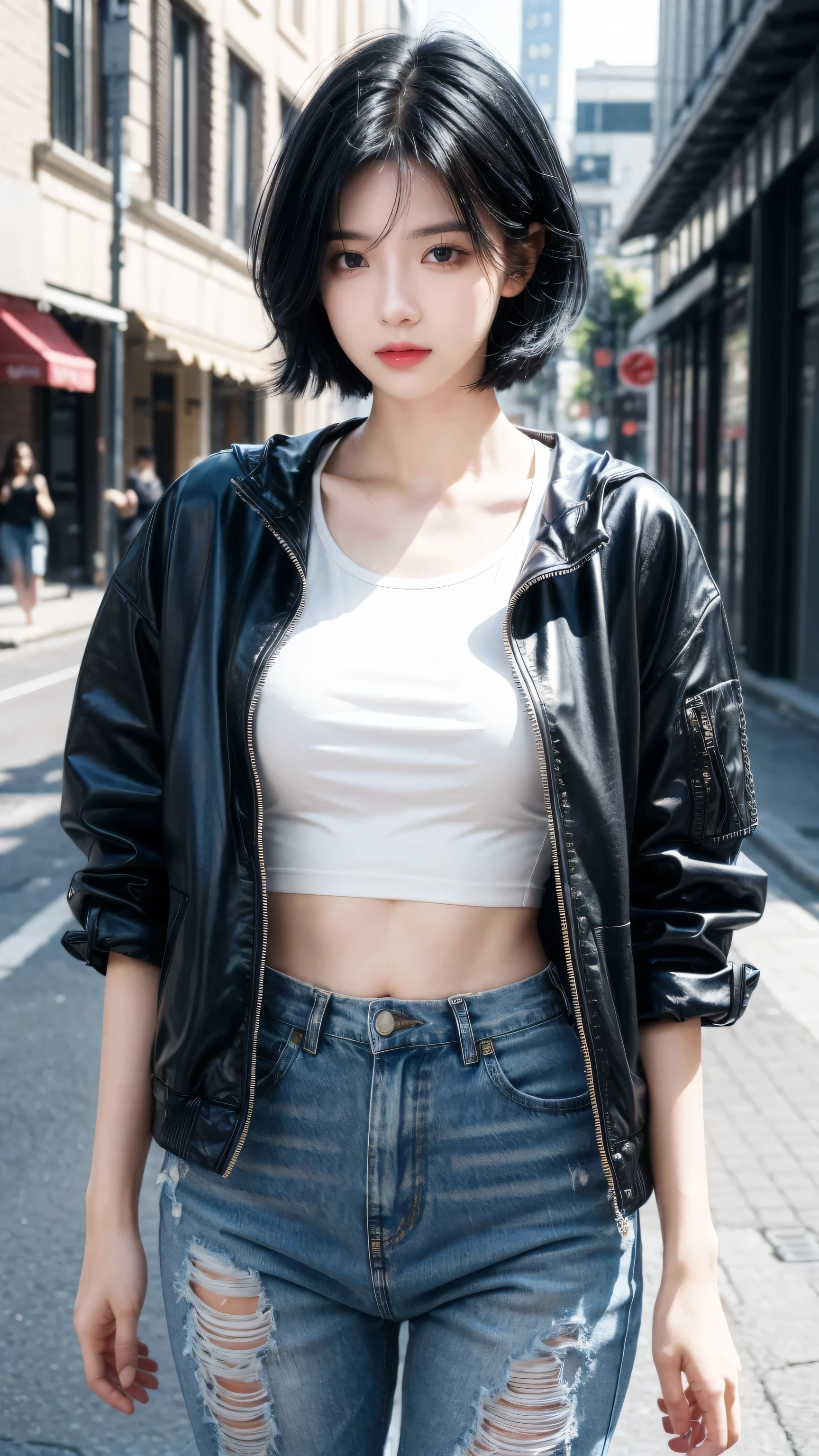 best quality, 1 Girl, dark blue hair, black eyes, Very short hair, Spiky hair, t-shirt, jacket white, High waist short jeans, 171 cm, Messy hair, Hair between the eyes, Medium breasts, full, Tomboy, aldult, 20 years old, 1 Girl