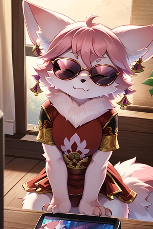 The claws are very detailed, high quality, masterpiece, beautiful, Yae Miko Fox, Everlasting, With eyes closed, No humans, :3, Telephone, sunglasses, cell phone,Ed(Fox Paw), put glasses on forehead, cell phone, 握住Telephone,Umbilical cord,Retro T-shirt,Red antique top,Two fox ears,hairy,There are red patterns on the face,Pink skin,The pink haired one,Cheongsam clothing,Pink skirt,Huge ,With eyes closed,Both hands()