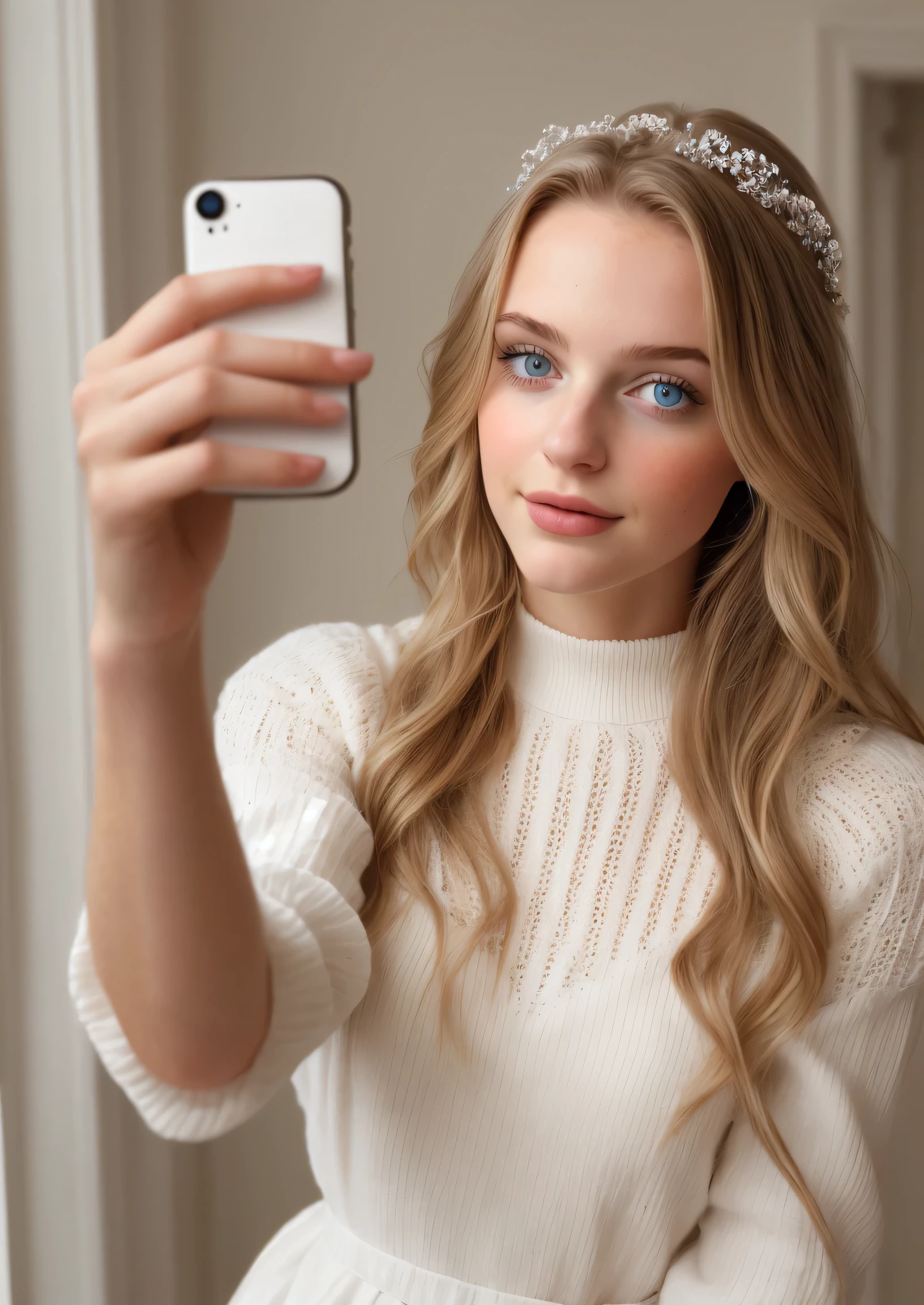 Beautiful young woman taking a selfie, Taken with iPhone camera、White beauty