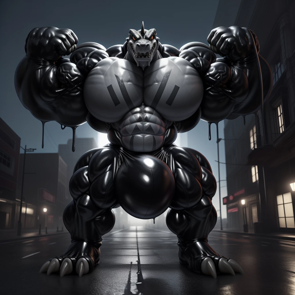 solo, male, , , , (hyper pecs:1.5), （l）, standing,，(，,(,solo,very hyper muscles:1.4)((, Huge bulge：1.5))）（)), black glowing liquid，（((liquid_latex, , rubber:1.2)，,black latex，goo transformation，(gooey)()(l），，unreal engine,perfect light，detailed, photorealistic, 4k, hd, , , , good anatomy, , (), ,, high quality, best quality, concept art, photorealistic, cinematic lighting，City，High-rise，(corruption)，Crocodile