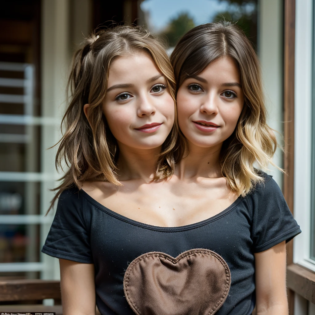 2heads, (one head young child:1.5), (one head adult:1.5), (a blonde and a brunette:1.3), (female:1.5)