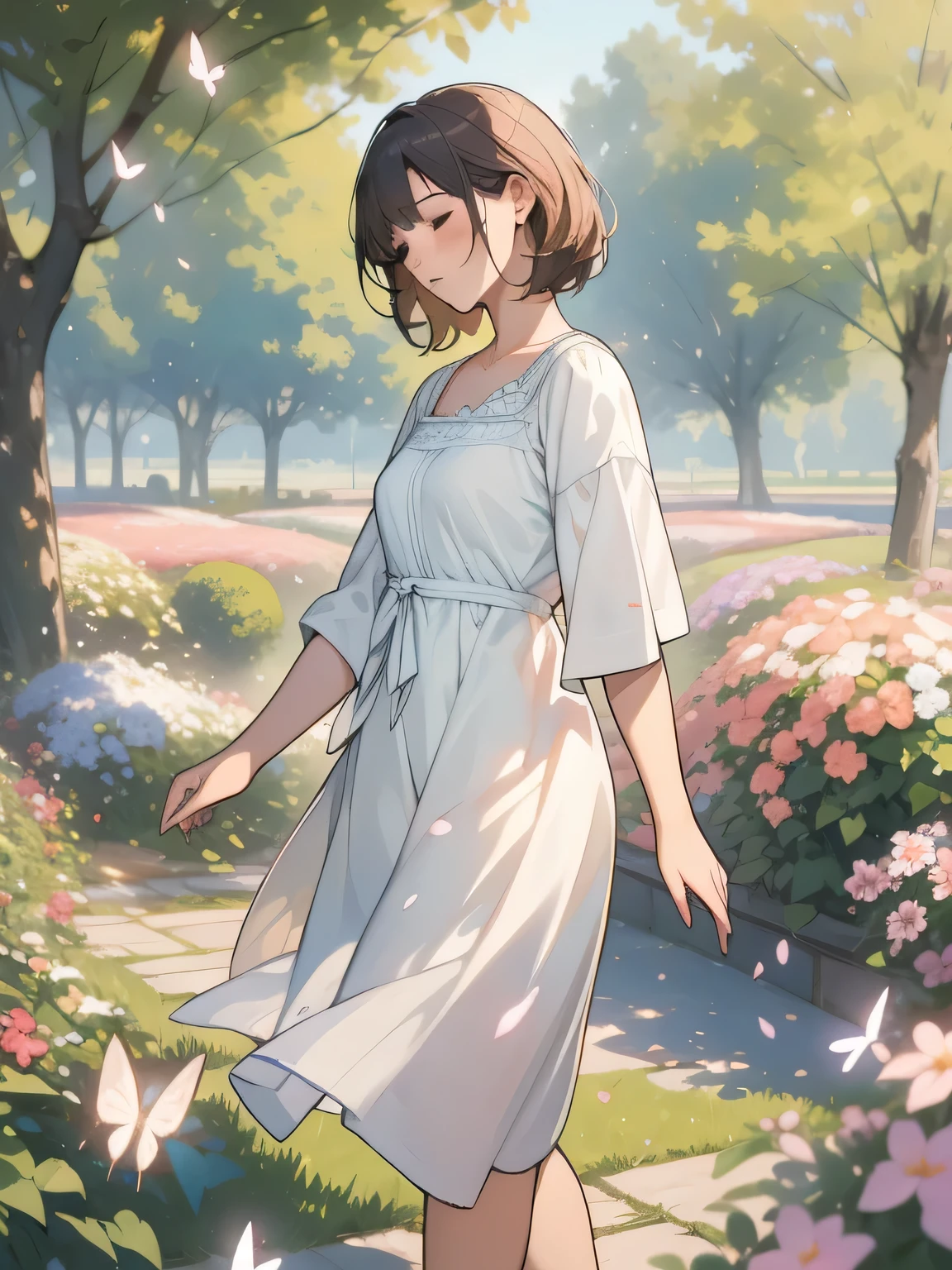 Girl In The Garden,(masterpiece:1.2),Colorful flowers blooming on the ground and blooming wood々,wood々The soft sunlight filtering through,Peaceful atmosphere,loose fitting dress,Gentle Breeze,Dew shimmering on the petals,Playful butterflies dancing in the air,Carefully painted details,Impressionist brushwork,Vibrant colors and vivid contrasts,Subtle textures and layers,Sublime beauty and serenity