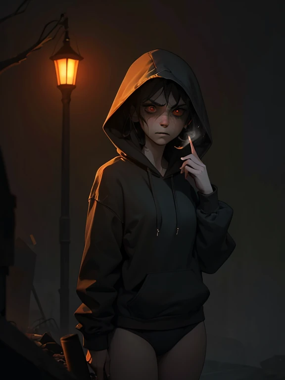 horror elements, girl smoking a cigarette, hoodie, panties (best quality, highres), dark atmosphere, eerie lighting, mysterious shadows, atmospheric fog, abandoned setting, intense emotions, disturbing details, haunting expression
