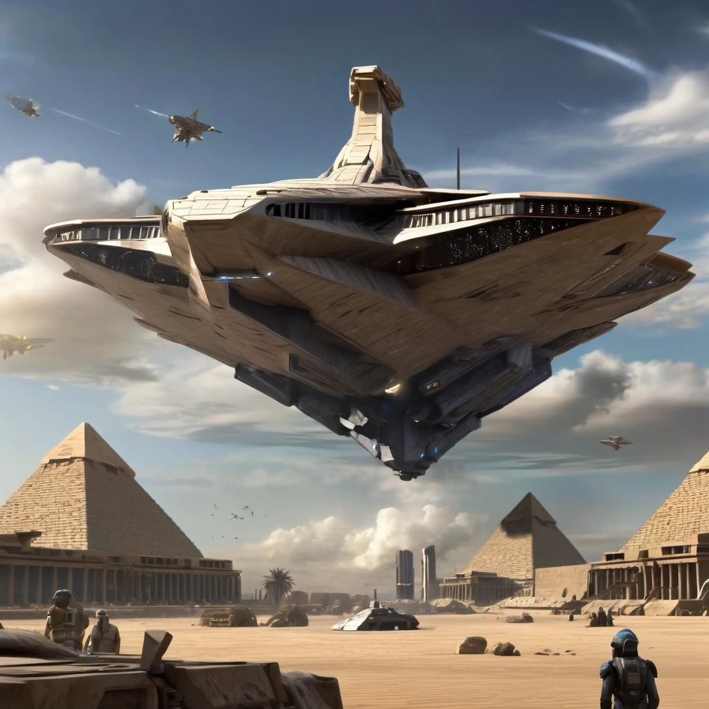 ((UFO extraterrestrial spaceship:1.3))(Huge ship, Immensely Large ship, Mothership.)((Giant UFO)(Alien ship type: Independence Day movie.)). ((UFO alien ship: "erecting a Pyramid" in Egypt using Extraterrestrial Technology)).(Ufo using Future Technology assembling Pyramid)cinematic setting.((erecting block by block))((Unfinished pyramids: blocks scattered on the ground ))((Erecting Egyptian Pyramid))((3500B.C.))((Mixture of Future and Antiquity))8k. photorealistic. super detailed. Intricate Details, Masterpiece.