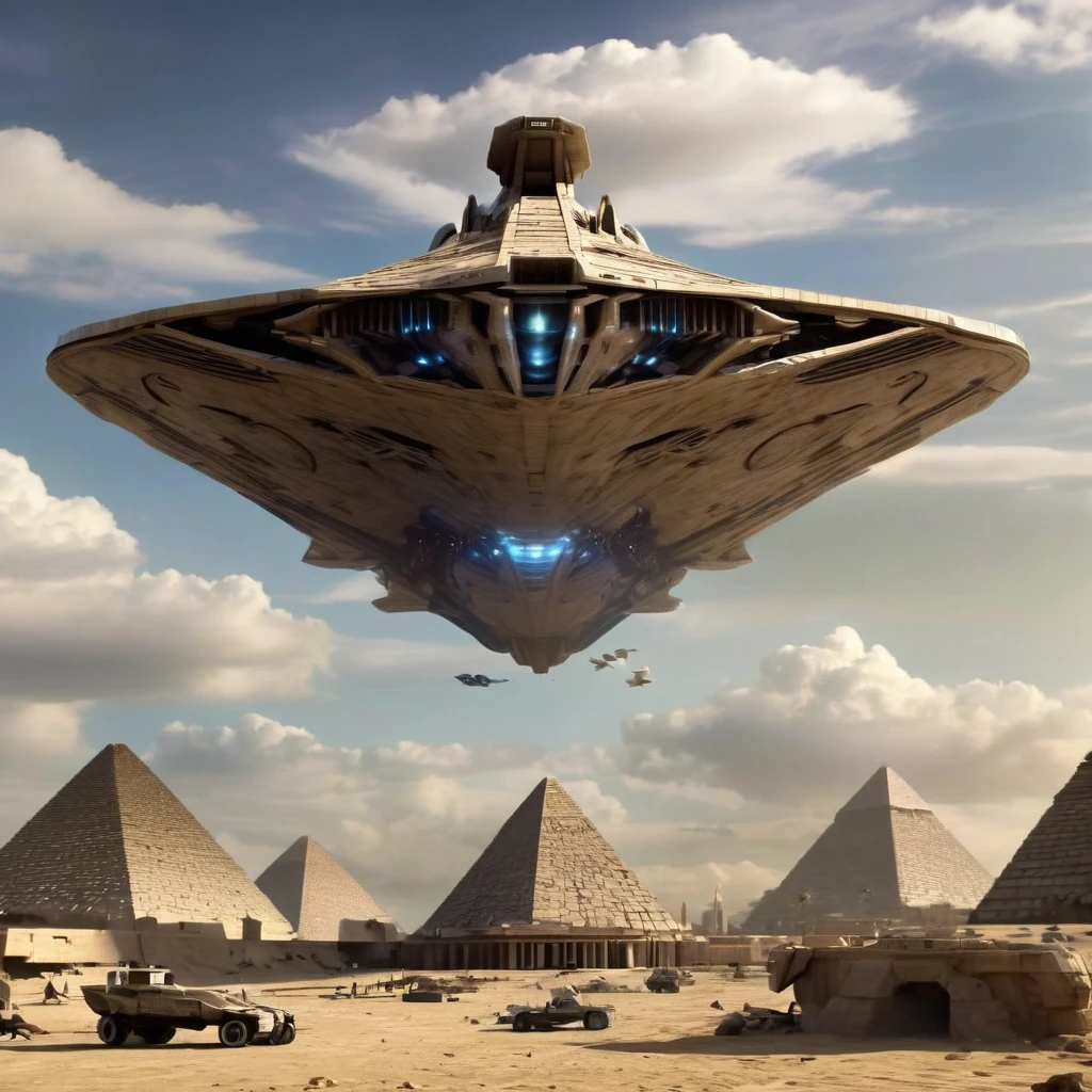 ((UFO extraterrestrial spaceship:1.3))(Huge ship, Immensely Large ship, Mothership.)((Giant UFO)(Alien ship type: Independence Day movie.)). ((UFO alien ship: "erecting a Pyramid" in Egypt using Extraterrestrial Technology)).(Ufo using Future Technology assembling Pyramid)cinematic setting.((erecting block by block))((Unfinished pyramids: blocks scattered on the ground ))((Erecting Egyptian Pyramid))((3500B.C.))((Mixture of Future and Antiquity))8k. photorealistic. super detailed. Intricate Details, Masterpiece.