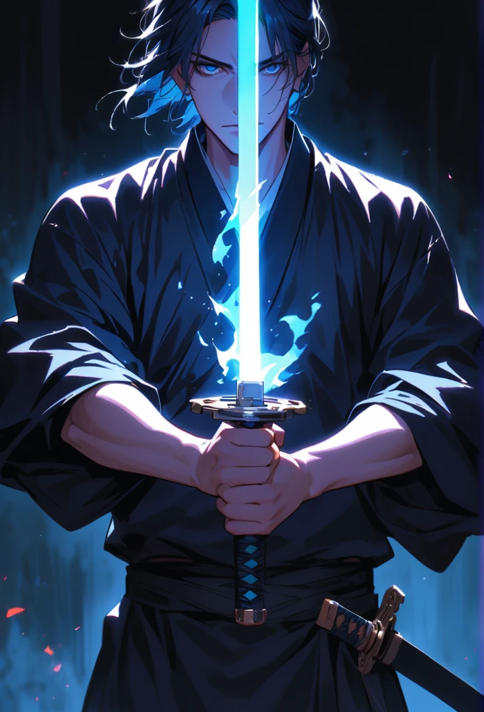 dark atmosphere,dark background,male swordsman in the dark,glowing blue sword,lightsaber,Sword in both hands,night,dark,fear,sword focus,Glowing blue fire in the air