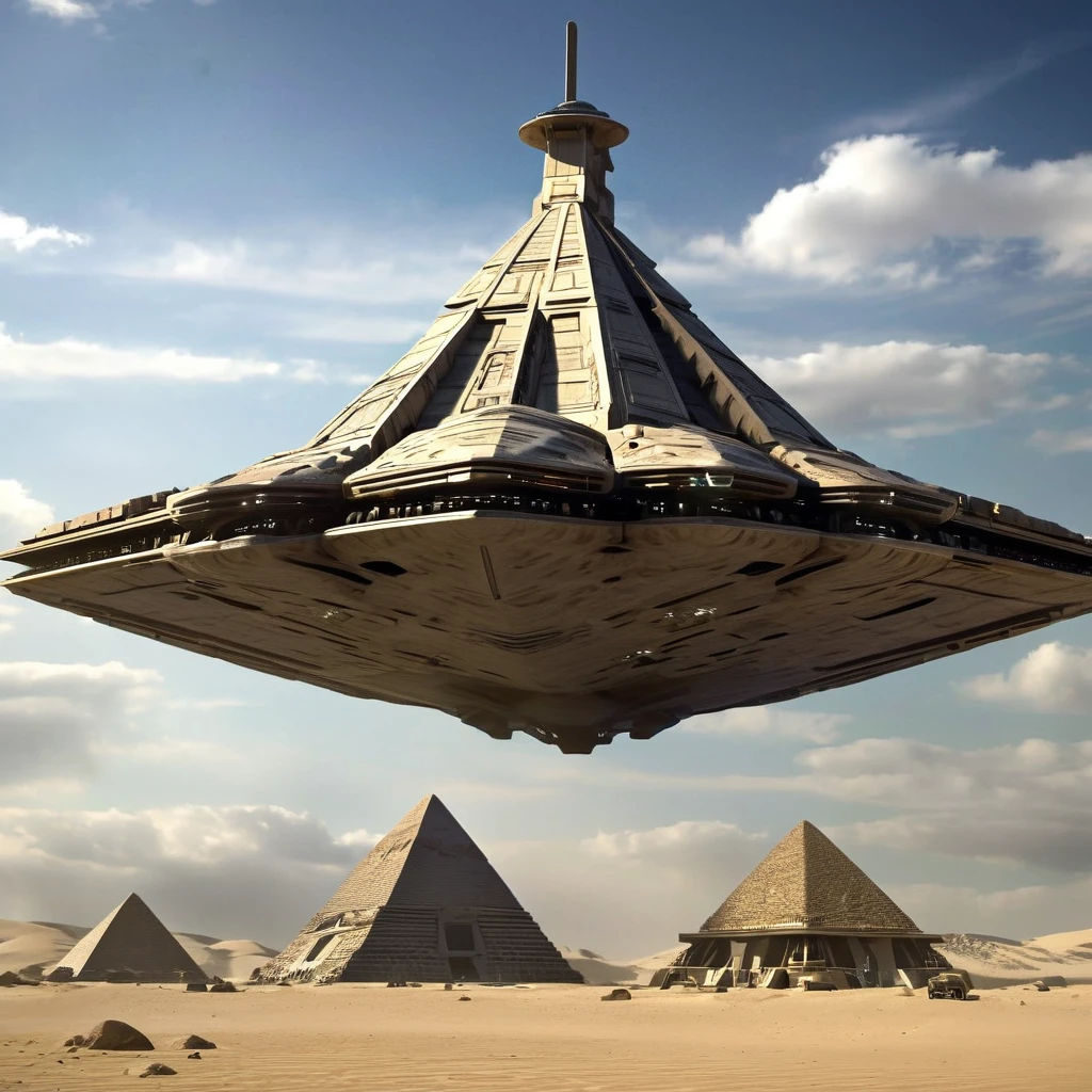 ((UFO extraterrestrial spaceship:1.3))(Huge ship, Immensely Large ship, Mothership.)((Giant UFO)(Alien ship type: Independence Day movie.)). ((UFO alien ship: "erecting a Pyramid" in Egypt using Extraterrestrial Technology)).(Ufo using Future Technology assembling Pyramid)cinematic setting.((erecting block by block))((Unfinished pyramids: blocks scattered on the ground ))((Erecting Egyptian Pyramid))((3500B.C.))((Mixture of Future and Antiquity))8k. photorealistic. super detailed. Intricate Details, Masterpiece.