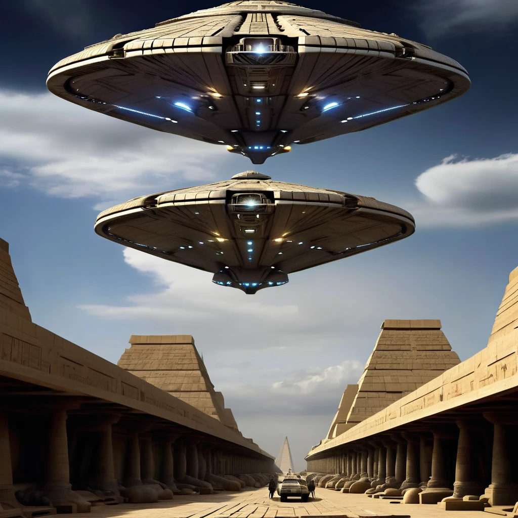 ((UFO extraterrestrial spaceship:1.3))(Huge ship, Immensely Large ship, Mothership.)((Giant UFO)(Alien ship type: Independence Day movie.)). ((UFO alien ship: "erecting a Pyramid" in Egypt using Extraterrestrial Technology)).(Ufo using Future Technology assembling Pyramid)cinematic setting.((erecting block by block))((Unfinished pyramids: blocks scattered on the ground ))((Erecting Egyptian Pyramid))((3500B.C.))((Mixture of Future and Antiquity))8k. photorealistic. super detailed. Intricate Details, Masterpiece.