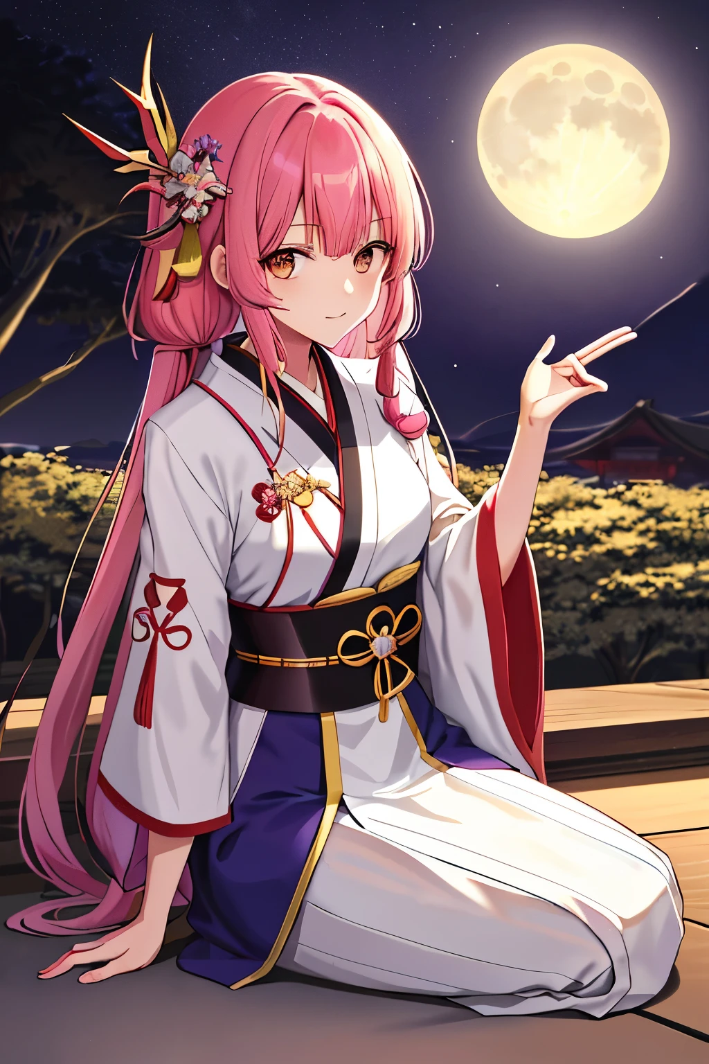 lacus4, (emblem-embroidered kimono, obi, geta, arm band, hanabira obi, short sleeves), (masterpiece, seated, hand on chin, slender neck, 8K, Best Quality, Art-Fantasy style: 2.5, determined, Seiyuu: Sakurai Kyouko (Characters- Tasakura Futaba), (dark forest, moonlight background), Detailed line-work, high resolution, lacus4), 1girl, Solo, traditional Japanese attire, Long hair, clavicle, scapular, (Detailed wide hair bangs, Hair Ornament, Det