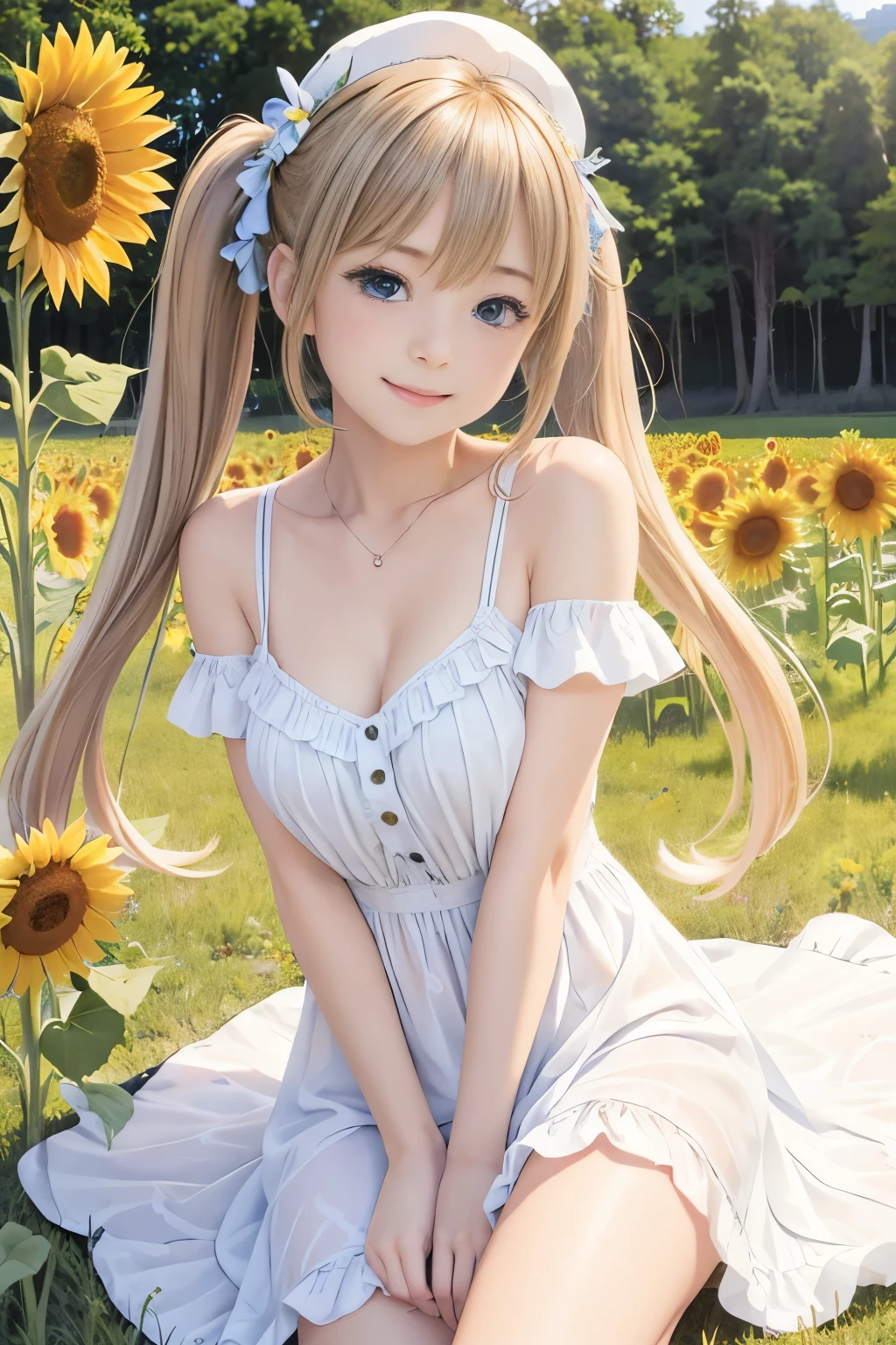 (8k, RAW Photos, Realistic, photo-Realistic:1.5), masterpiece, highest quality, High resolution, Very detailed, Detailed Background, Cinema Lighting, Dynamic Angle, Lens flare, dramatic, One girl, pretty girl, alone, Wind, Light blonde hair, blue eyes, Very long twin tails, White Hat, blue null, smile, Flying petals, flowery Field, null, sunflower, sun, Field, Fractal Art,Beautiful thighs、Nude Ruffle Summer Dress、nsfw:0.99