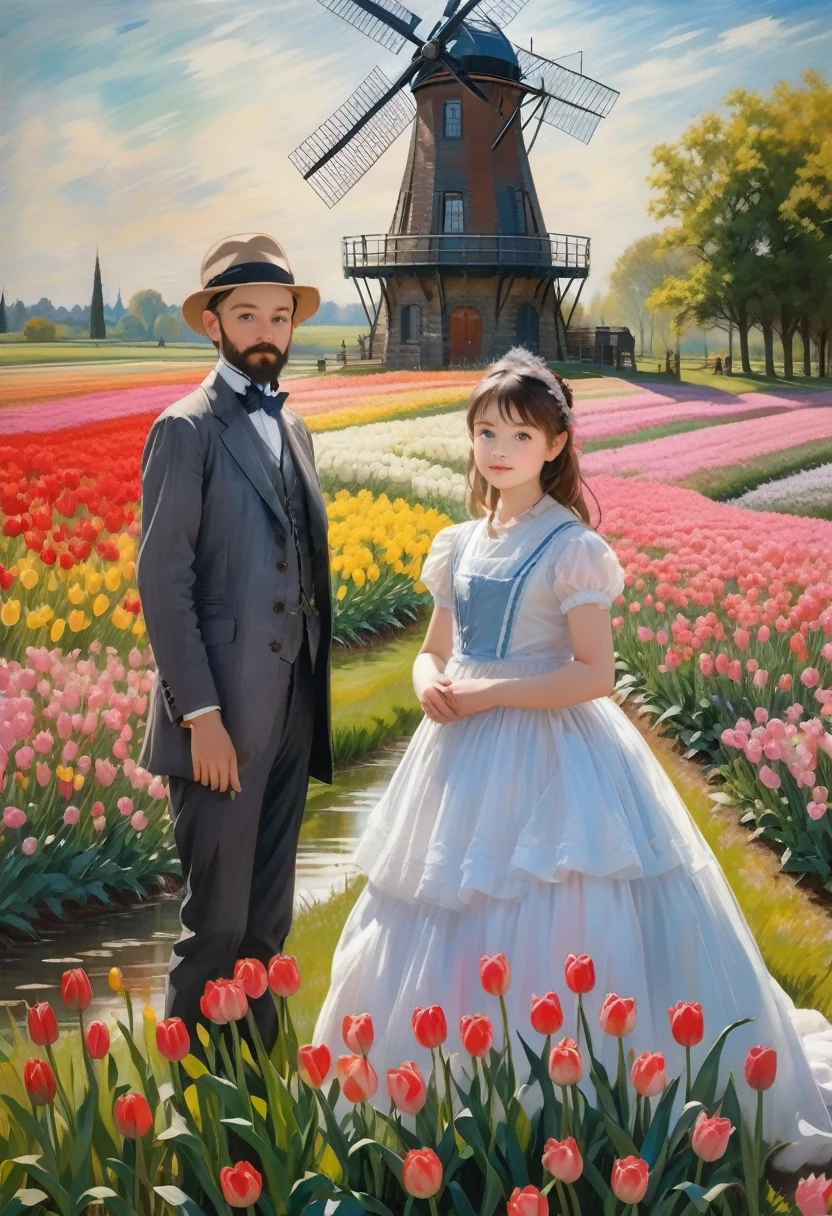 Claude Monet Style, 1boy and 1girl in a field of tulips , in the distance a windmill , Inspired by Claude Monet, Pierre-Auguste Renoir, Édouard Manet, Camille Pissarro, Alfred Sisley, Berthe Morisot, Gustave Caillebotte, Mary Cassatt, Armand Guillaumin, Edgar Degas. impressionism oil on canvas hyperdetailed 8K 3D 8k resolution