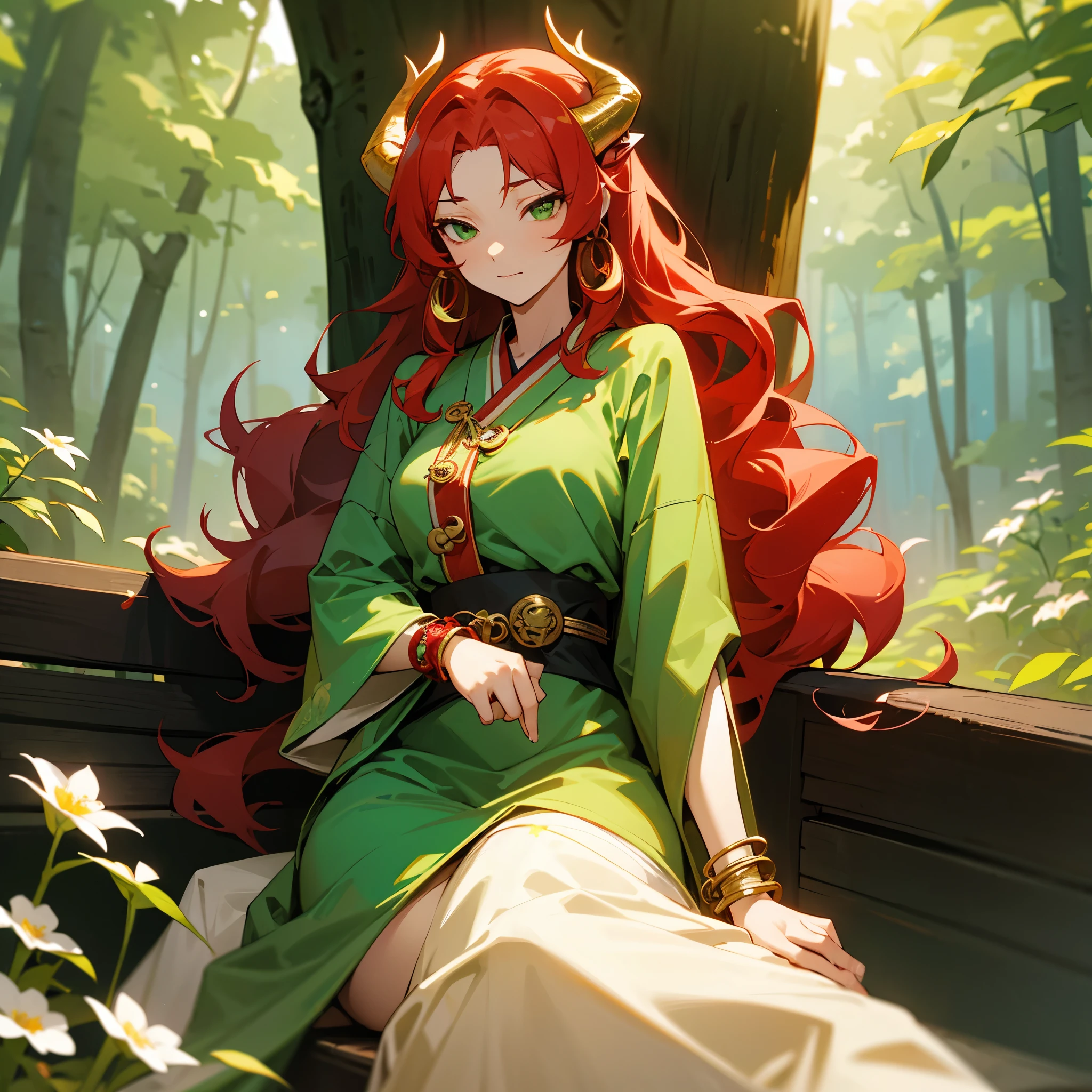 1female, adult, medium breast, dragon horns, finely detailed green eyes, wavy long hair, bright red hair, loose haori, long baggy sleeves, gold bracelet, gold anklets, casual clothing, grotto forest, sitting on bench, flowers, calm expression, masterpiece quality, perfect quality, sexy