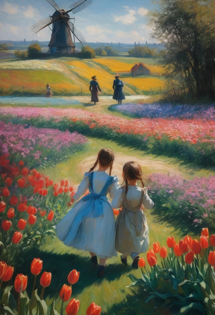 Claude Monet Style, 1boy and 1girl in a field of tulips , in the distance a windmill , Inspired by Claude Monet, Pierre-Auguste Renoir, Édouard Manet, Camille Pissarro, Alfred Sisley, Berthe Morisot, Gustave Caillebotte, Mary Cassatt, Armand Guillaumin, Edgar Degas. impressionism oil on canvas hyperdetailed 8K 3D 8k resolution