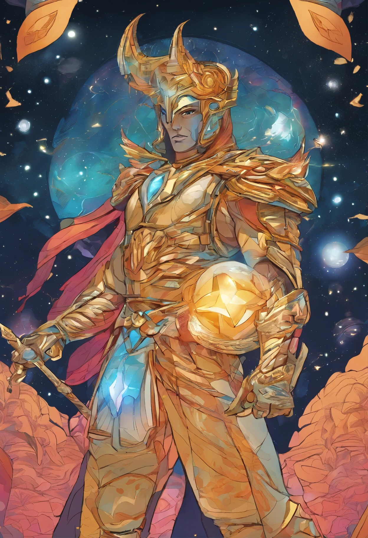 crie um personagem com seu traje,  an ethereal armor made of cosmic energy, irradiando luz e energia. Seus olhos brilham como estrelas, e ele carrega o cristal que lhe deu poderes em um cetro, symbolizing your connection with the cosmos.