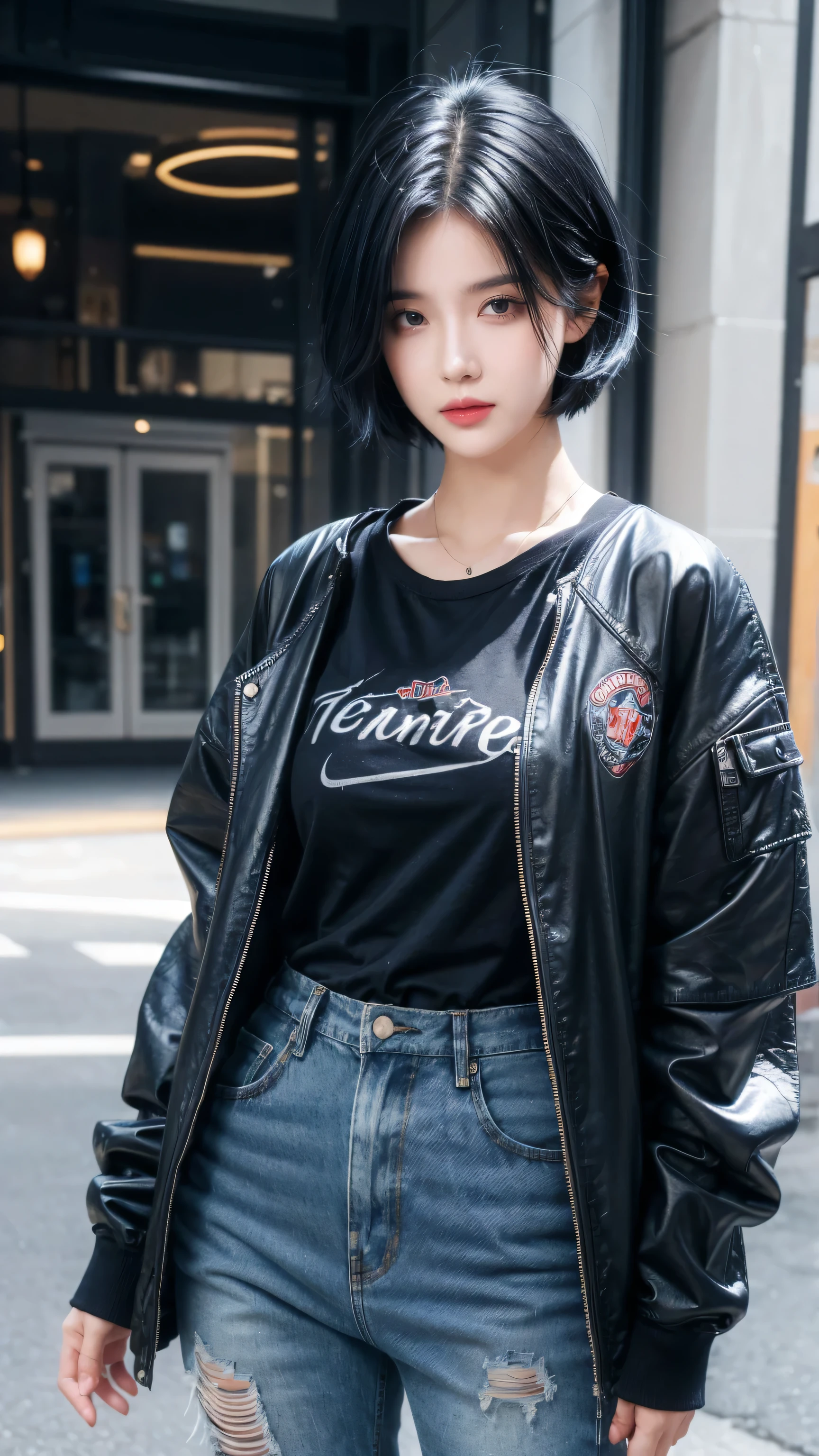 best quality, 1 Girl, dark blue hair, black eyes, Very short hair, Spiky hair, oversize t-shirt, jacket jeans blue, High waist jeans, 171 cm, Messy hair, Hair between the eyes, Medium breasts, full, Tomboy, aldult, 20 years old, 1 Girl