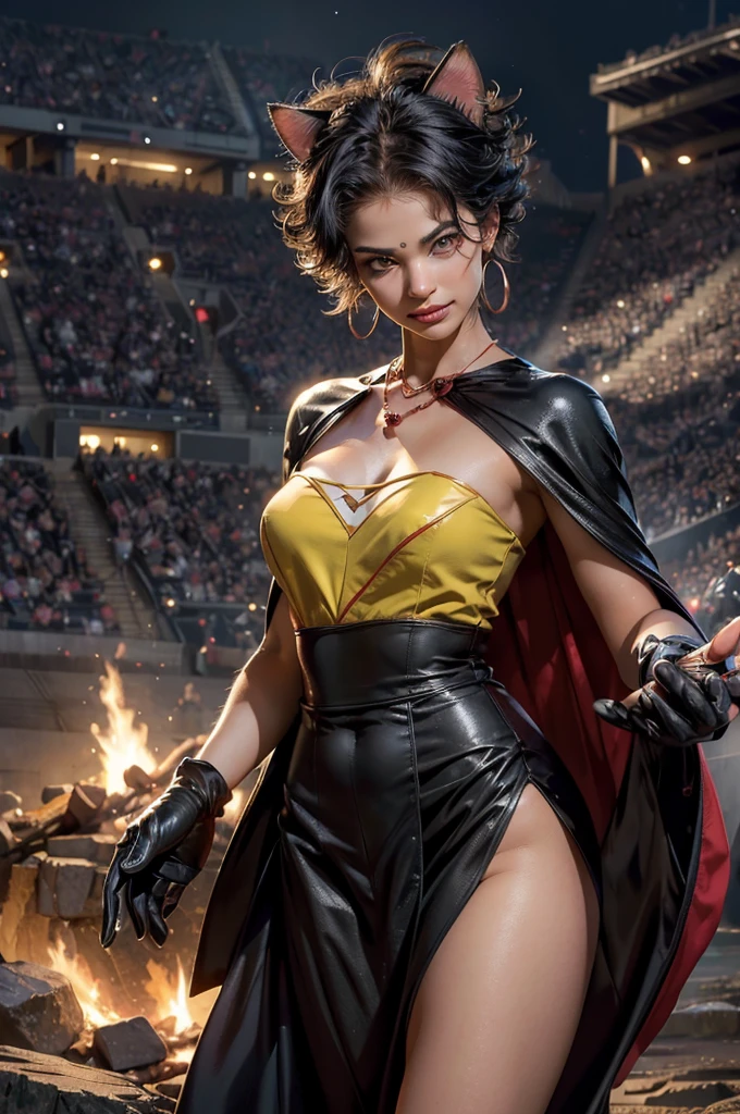 (masterpiece,stunning girlfriend, (standing:1.1), dynamic pose, heart shaped face,elegant face, beautiful face, highly detailed face, highly detailed skin, skin pores, subsurface scattering, realistic pupils, loving smile, looking at viewer, full lips, detailed background, depth of field, atmospheric perspective, volumetric
lighting, sharp focus, absurdres, realistic proportions, good anatomy, (realistic, hyperrealistic:1.4), 16k hdr,
highres, masterpiece,best quality,original,extremely detailed CG,extremely detailed wallpaper,perfect lighting,looking at viewer,bare hands,1girl, SiennaKhan,short hair,black hair,animal ears,yellow eyes,cat ears,dark skin,dark-skinned female,gloves,jewelry,earrings,cape,facial mark,cleavage cutout,hoop earrings, standing, in deserted stadium, bonfires, water pouring, crowd, (crowd in military uniforms), night, stars, closed mouth, serious look, serious expression, looking at viewer,