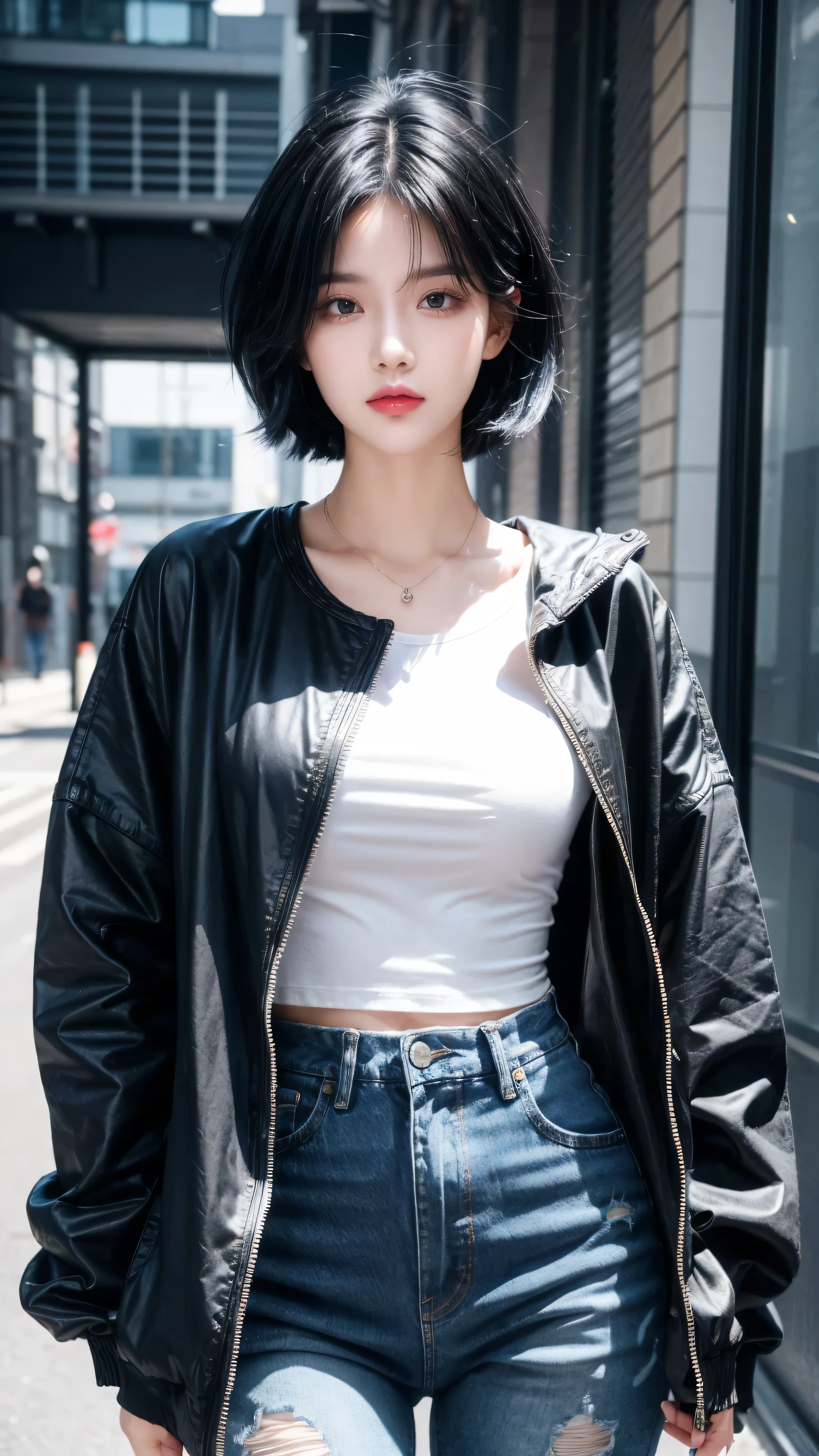 best quality, 1 Girl, dark blue hair, black eyes, Very short hair, Spiky hair, oversize t-shirt, jacket jeans blue, High waist jeans, 171 cm, Messy hair, Hair between the eyes, Medium breasts, full, Tomboy, aldult, 20 years old, 1 Girl