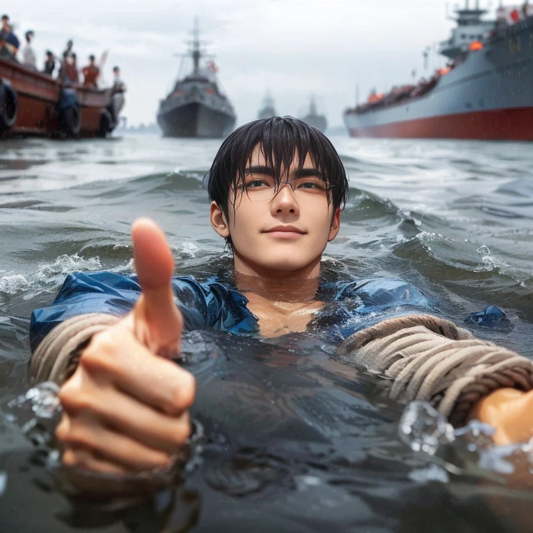 (Best Quality:1.2), (high resolution:1.2), (beautiful face and eye:1.5), (sharpest focus:1.2), (Ultra-realistic Photo:1.2), (Ultra-precise Photo:1.2), (Depth of field:1.2), (8k high resolution:1.2). (perfect anatomy:1.2),
(nice hands:1.5), (perfect hands:1.5), (One drowning Chinese man:1.2), (Very young and beautiful Chinese man:1.0), (Smiling thumbs up in a state of resignation:1.2), (Looking up angle:1.2),
(Chinese warrior in very light clothing, beaten up:1.0), (Majestic Chinese river:1.0), (Cynical smile:1.0), (Giant battleship:1.0), (Mars shining reddish-red in the night sky:1.2),