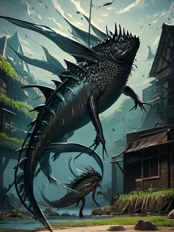 A massive four legs giant black armored mutated tadpole with a fin