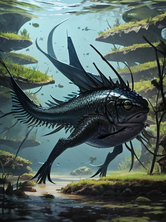 A massive four legs giant black armored mutated tadpole with a fin