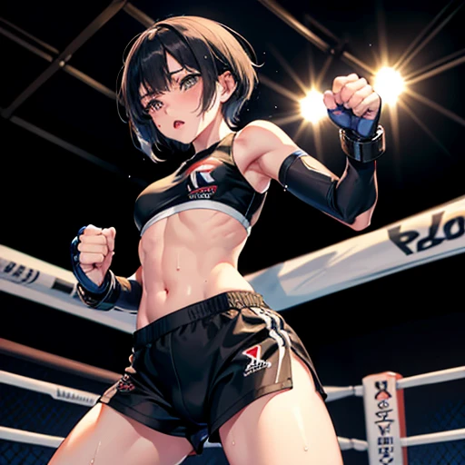 Drenched in sweat. I'm competing in a mixed martial arts ring. Struggling. In big trouble. Cornered. She is being attacked a lot by her opponent. She is a cute Japanese high school girl with short-cut black hair. Out of breath, sports bra, high-leg shorts, open finger gloves. Small breasts, poor belly, slender body, poor body.