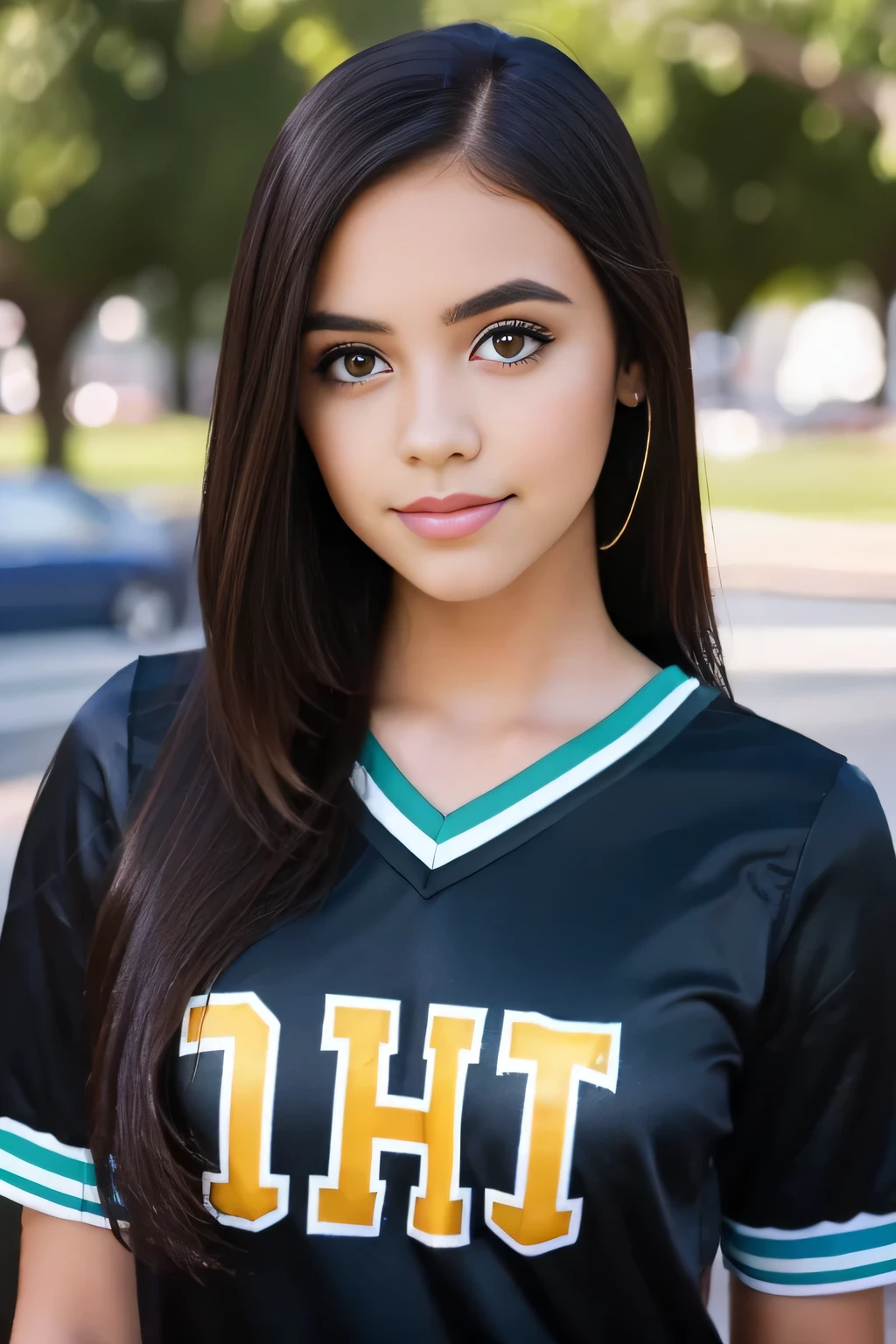 Latin girl. Dark hair. Straight hair. Dark Eyes. Teen. Young adult. Pretty. Popular. Outgoing. Cheerleader. Thin eyebrows. Hoop earrings. Cheerleader uniform.