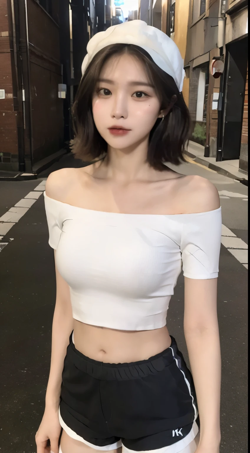 ((Best Quality, 8K, Masterpiece: 1.3)), (Flower Cap: 1.3), Focus: 1.2, Perfect Body Beauty: 1.4, Buttocks: 1.2, (Layered Haircut: 1.2)), (Dark Street: 1.3), Highly Detailed Face and Skin Texture, Full Body, show nipples, Delicate Eyes, Double Eyelids, Whitened Skin, Long Hair, (Round Face: 1.5), (Loose Crop Top, Shorts: 1.6)