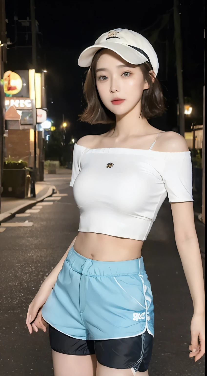 ((Best Quality, 8K, Masterpiece: 1.3)), (Flower Cap: 1.3), Focus: 1.2, Perfect Body Beauty: 1.4, Buttocks: 1.2, (Layered Haircut: 1.2)), (Dark Street: 1.3), Highly Detailed Face and Skin Texture, Full Body, show nipples, Delicate Eyes, Double Eyelids, Whitened Skin, Long Hair, (Round Face: 1.5), (Loose Crop Top, Shorts: 1.6)