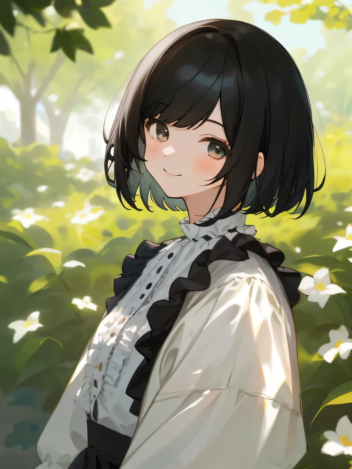 masterpiece, highest quality, One Girl, Upper body,,short hair,Short bangs , Half-open eyes、smile、Black-haired, Casual clothing, Frills, Outdoor、Focus on the front、The viewer is the viewer's gaze、Pointing to his chest、A fleeting impression、