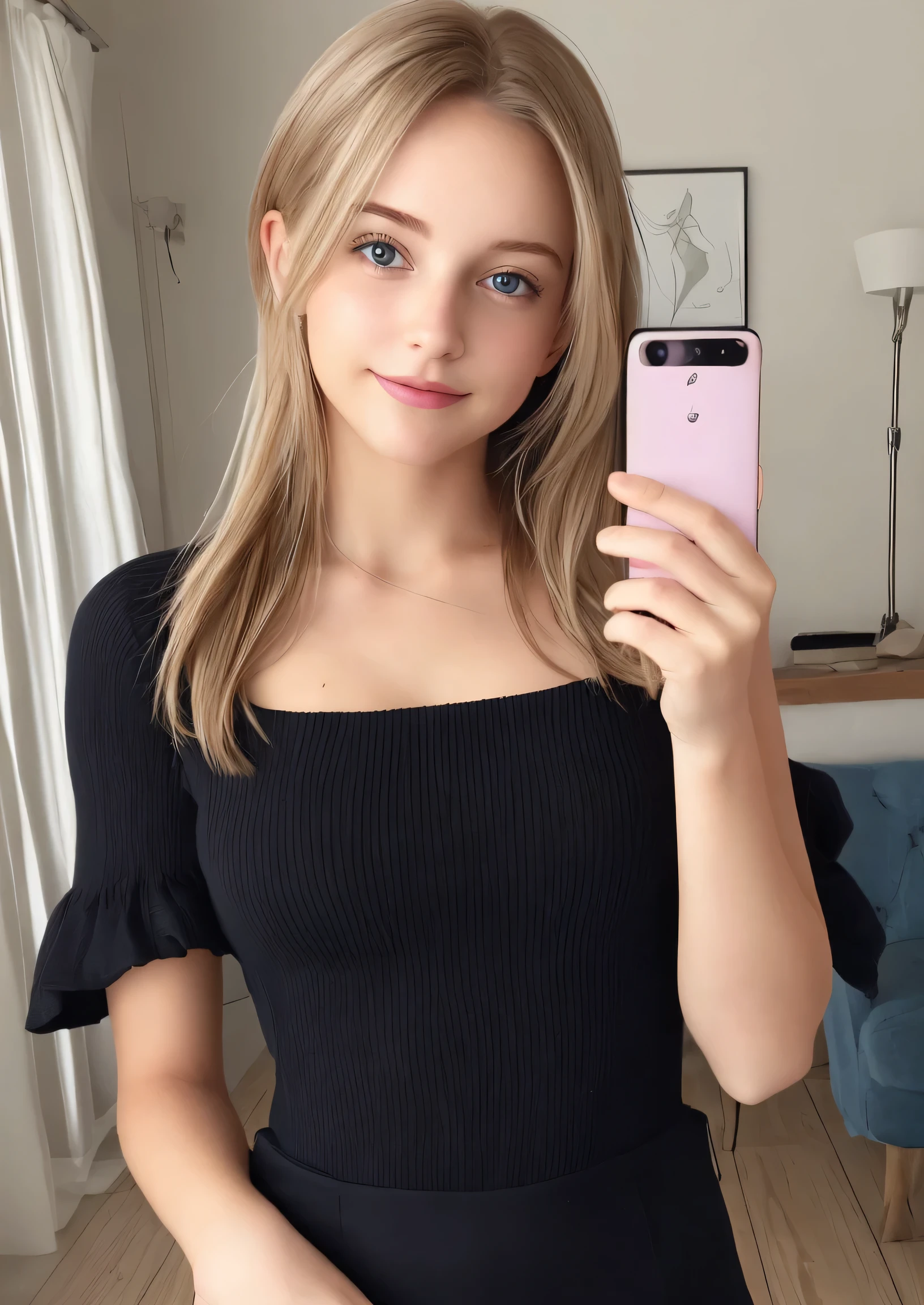Beautiful young woman taking a selfie, Taken with iPhone camera、Swedish Beauty