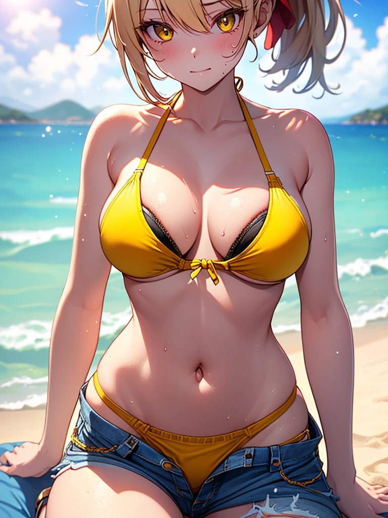 (highest quality, High resolution, perfect pixel, Depth of bounds written, 4K), beach, detailed eyes, (1 lady), tall, (skinny body:1.2) , (thin thighs:1.2), (Narrow hips:1.2), medium breasts, blond hair, (ponytail:1.2), (yellow Short pants bikini:1.2), (unbutton:1.3), (cross halter bikini), (rio cut pants), (panty strap:1.3), (denim short panty pull), (wariza:1.5), (breast hold), (clear face), sweat, 