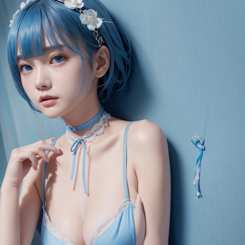 Very detailed、high resolution、8K、 Girl、16 years old、round face、one person、Blue Hair、Short Bob、D cup bust、Cleavage、Light blue lingerie、Re：ZERO　Rem、hair ornaments、Neckline、ribbon、choker、