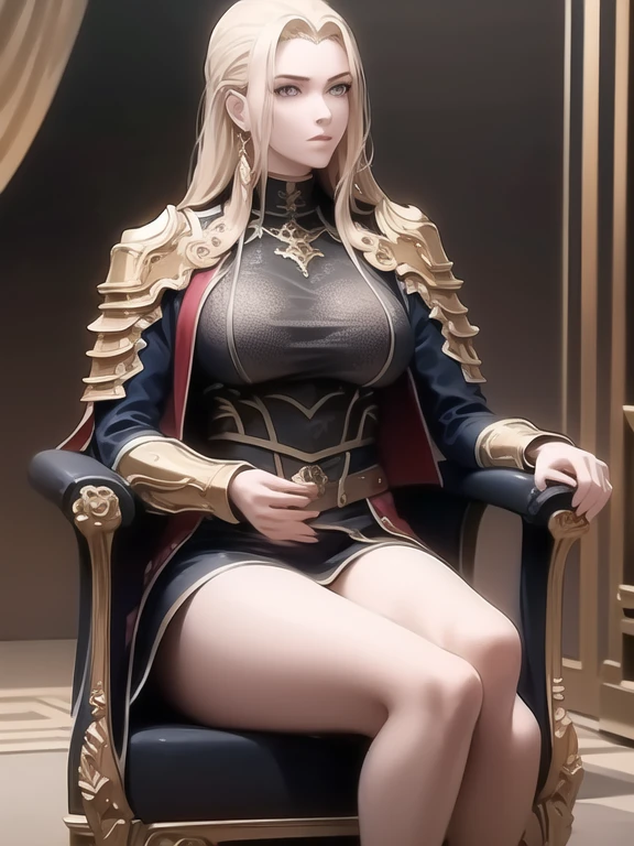 sit，Butterfly,, goddess, ,whole body，Long blond hair, Phenomenal aesthetics, 最OK品質, Gorgeous artwork,front，Look at the audience，Tall，Muscles are well-proportioned，There is a vest line，Full breasts，Delicate face, Perfect face, masterpiece, OK, underwear, Black_OK, Jacket, Black_
