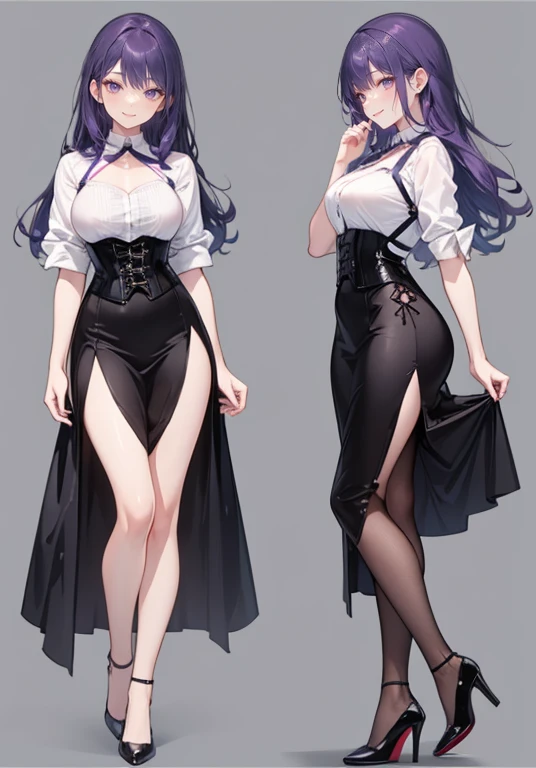 Purple hair,Long hair,Adult female,Bartender,((Body harness)),((Rolling up your sleeves shirt)),(Corset),(Tight skirt),Garter belt,High heels,((Simple background)),Smile,((Full body)),((whole body)),Character Sheet,