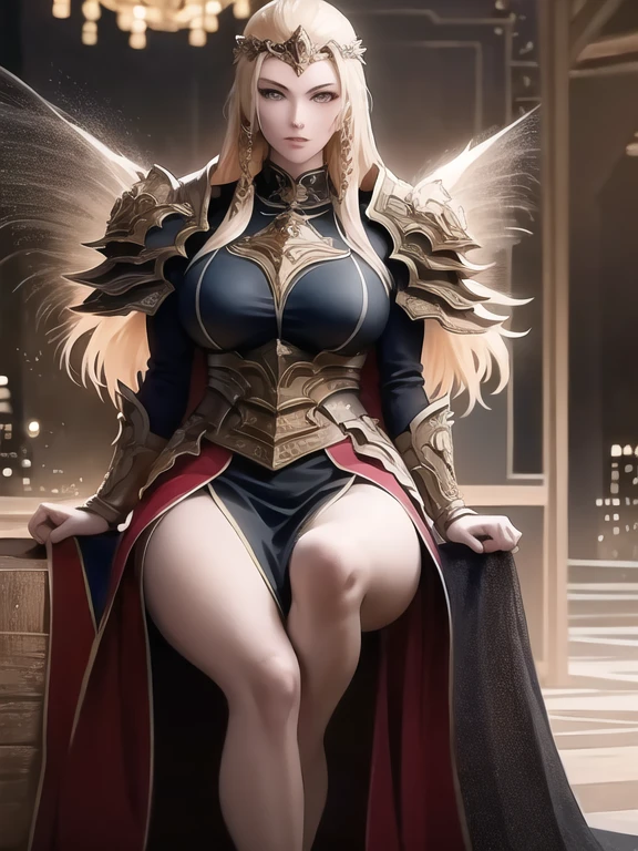 sit，Butterfly,, goddess, ,whole body，Long blond hair, Phenomenal aesthetics, 最OK品質, Gorgeous artwork,front，Look at the audience，Tall，Muscles are well-proportioned，There is a vest line，Full breasts，Delicate face, Perfect face, masterpiece, OK, underwear, Black_OK, Jacket, Black_
