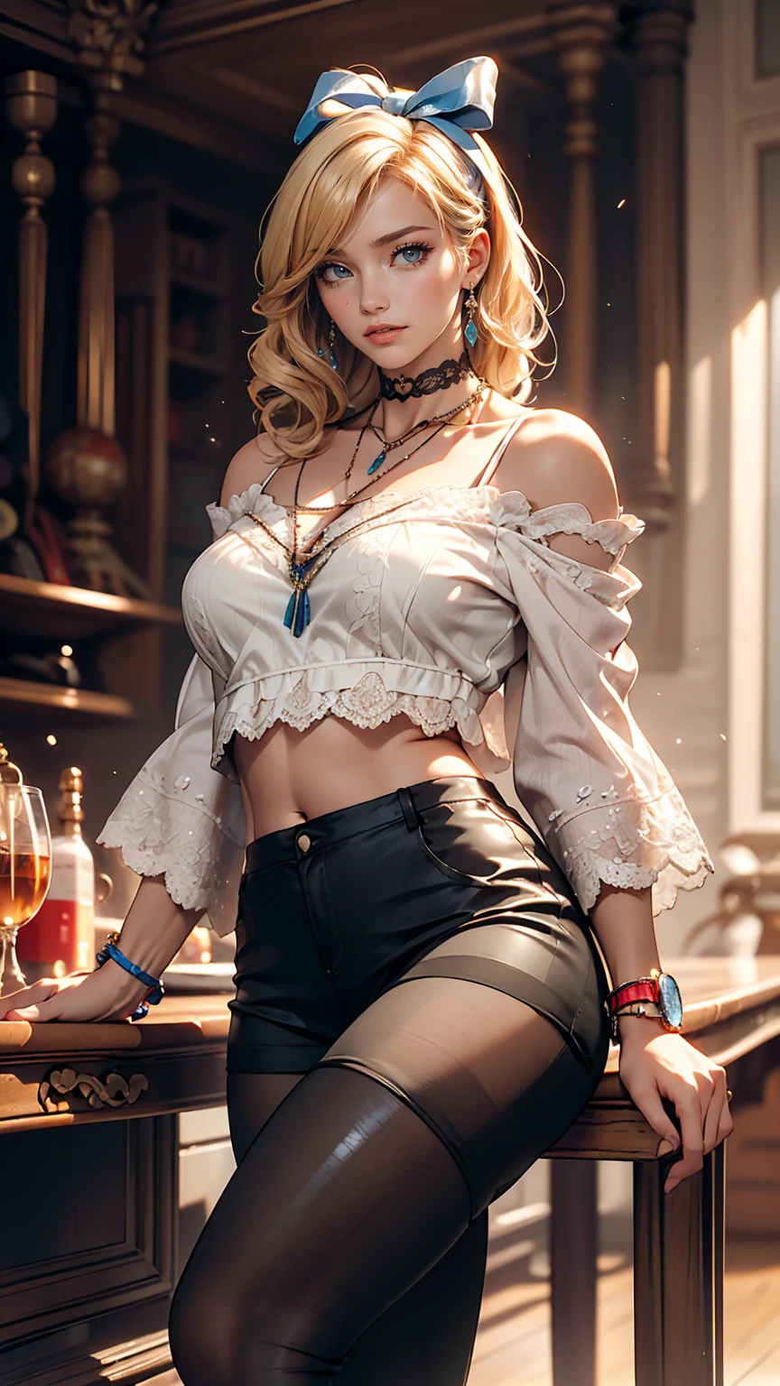 (8K, RAW Photos, highest quality, masterpiece:1.2), (Realistic, photo-Realistic:1.37)、Earrings, eyelash, pantyhose、セクシーな刺激的なsmile、 (Shiny skin:1.05)、Fashion model body type、Having her hair done、My chest is popping out、Wear accessories on your wrist、Wearing accessories on the ankle、Background blur((depth of field)、smile、White woman、Platinum Blonde、blue eyes、Vertical roll on one side((side drill))、Wear a lace-embellished off-the-shoulder top、Lower milk visible、I can see my belly button、Wear low rise leggings、Wear mules、smile、hair band((hair ribbon))、Wear a lace choker