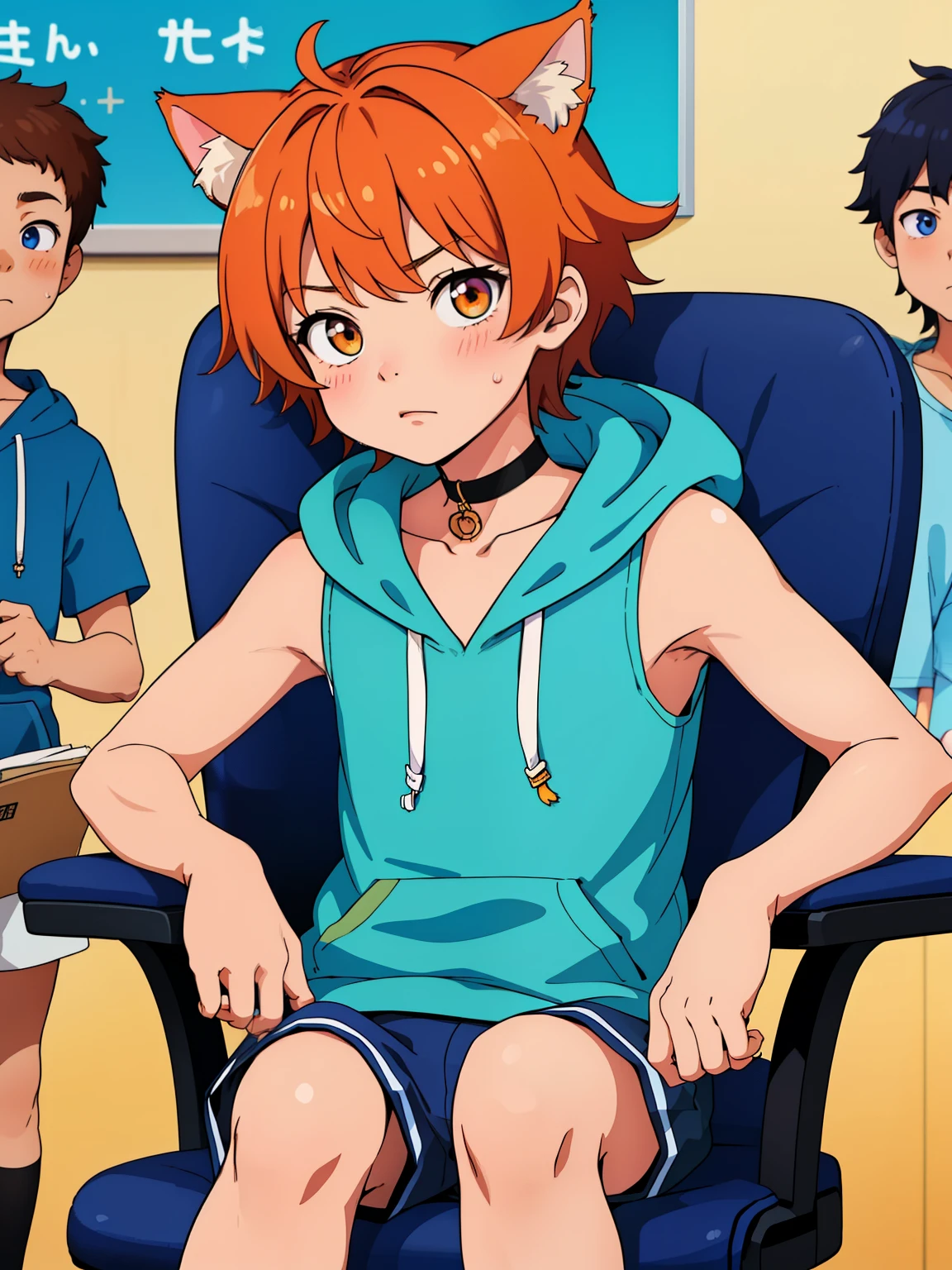 Highres, Masterpiece, Best quality at best,Best Quality,hight quality, hight detailed, 1boy, Boy,Fluffy hair, Side bangs, Shota, Cat boy, Cat ear, Sleeveless hoodie, Choker, Collarbone, Depth of field, Anime screencap style, Sitting on the chair, Seen from the front, Little sweat, Cute boy, (Showimg armpit), (very small and short stature), (very young boy), -yeld bo Blurry and simple beckground, bokeh, Uhd