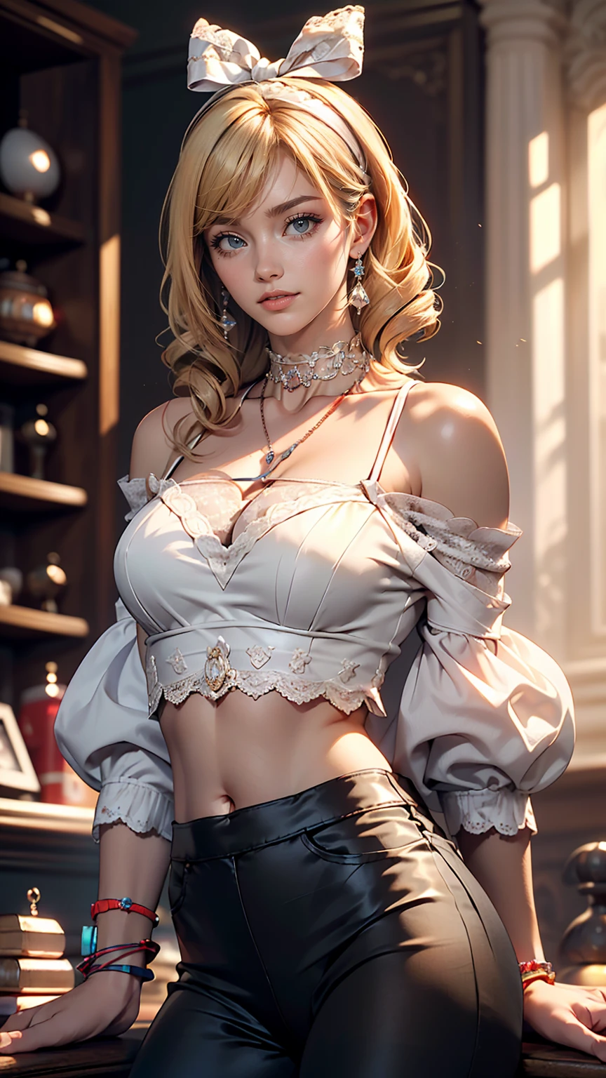(8K, RAW Photos, highest quality, masterpiece:1.2), (Realistic, photo-Realistic:1.37)、Earrings, eyelash, pantyhose、セクシーな刺激的なsmile、 (Shiny skin:1.05)、Fashion model body type、Having her hair done、My chest is popping out、Wear accessories on your wrist、Wearing accessories on the ankle、Background blur((depth of field)、smile、White woman、Platinum Blonde、blue eyes、Vertical roll on one side((side drill))、Wear a lace-embellished off-the-shoulder top、Lower milk visible、I can see my belly button、Wear low rise leggings、Wear mules、smile、hair band((hair ribbon))、Wear a lace choker