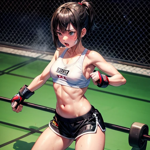 Drenched in sweat. I'm competing in a mixed martial arts ring. Struggling. In big trouble. Cornered. She is being attacked a lot by her opponent. She is a cute Japanese high school girl with short-cut black hair. Out of breath, sports bra, high-leg shorts, open finger gloves. Small breasts, poor belly, slender body, poor body.