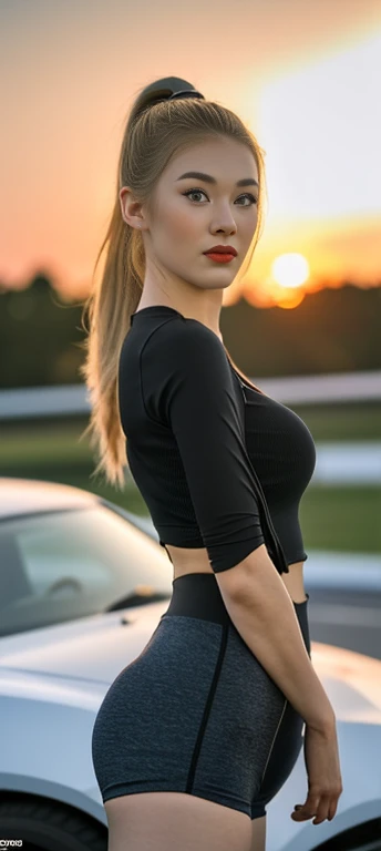 A young woman wearing (Tight, fit, comfortable) 高腰短裤and短款衬衫站在两者之间 (powerful, Smooth) Muscle car starts racing, The engine roared, With a gorgeous sunset as the background. (best quality, 4k, high resolution, masterpiece:1.2), Very detailed, (actual, photoactual, photo-actual:1.37) Quickly, and (HDR, Ultra high quality) 质量and (Studio Lighting, Be focused), High Ponytail, Copper blonde, Large Breasts, Bright Light, Perfect eyes, Skin blemishes, Delicate skin, National, Black light makeup,Both 1