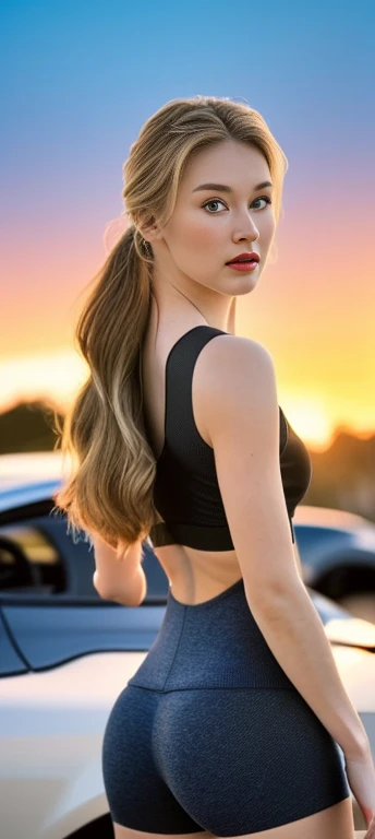 A young woman wearing (Tight, fit, comfortable) 高腰短裤and短款衬衫站在两者之间 (powerful, Smooth) Muscle car starts racing, The engine roared, With a gorgeous sunset as the background. (best quality, 4k, high resolution, masterpiece:1.2), Very detailed, (actual, photoactual, photo-actual:1.37) Quickly, and (HDR, Ultra high quality) 质量and (Studio Lighting, Be focused), High Ponytail, Copper blonde, Large Breasts, Bright Light, Perfect eyes, Skin blemishes, Delicate skin, National, Black light makeup,Both 1